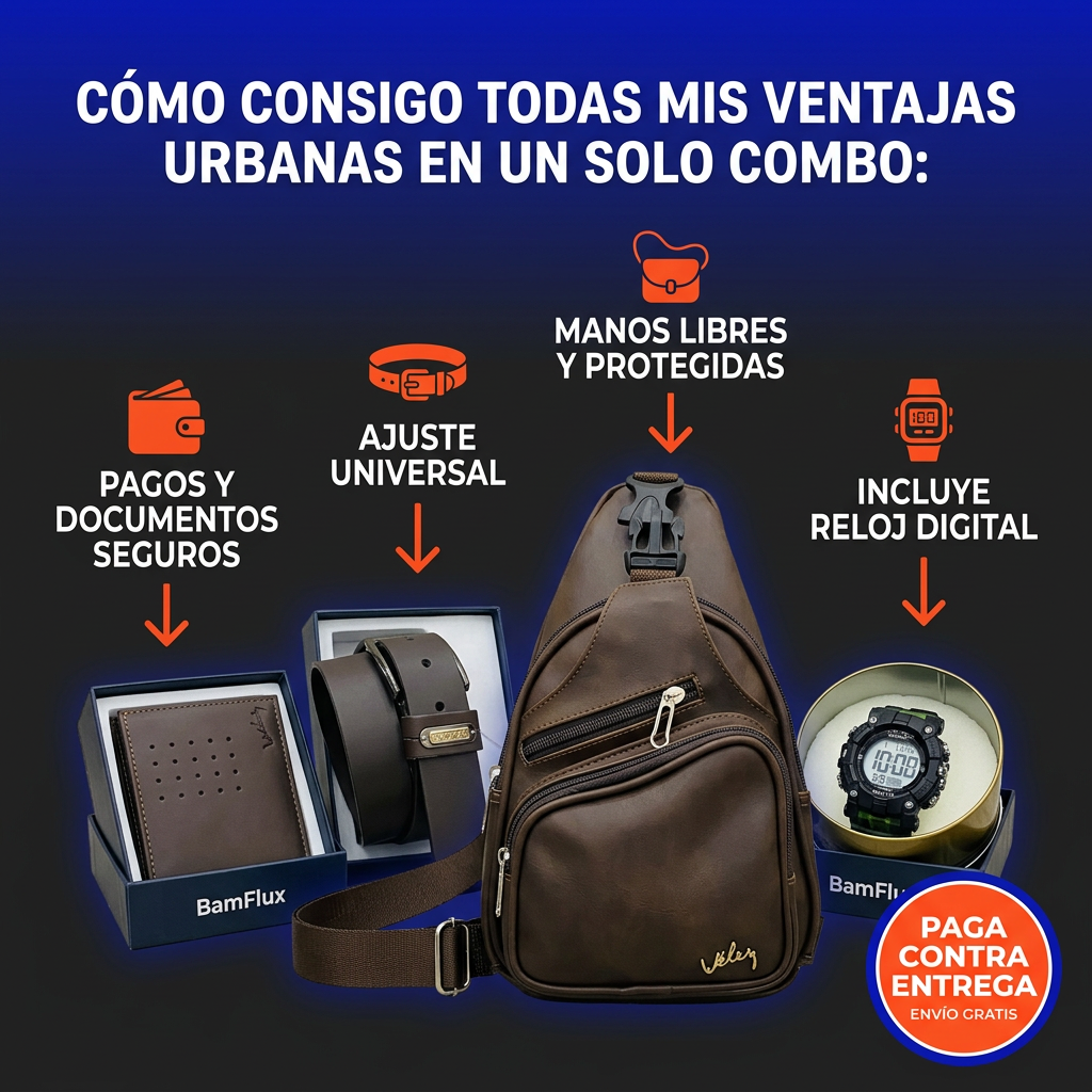 Combo urbano 4 piezas en cuero sintético (bolso cruzado/sling + correa + billetera + reloj digital).