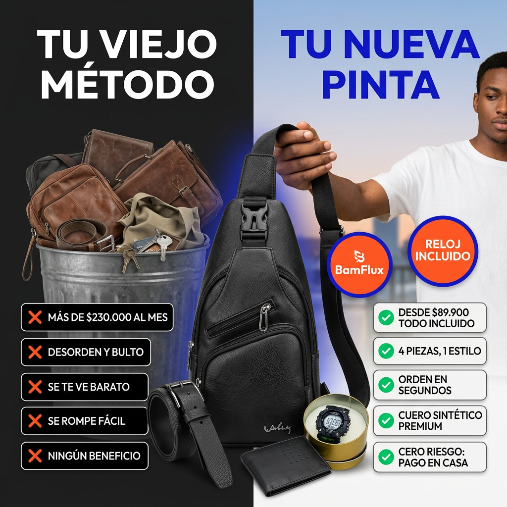 Combo urbano 4 piezas en cuero sintético (bolso cruzado/sling + correa + billetera + reloj digital).