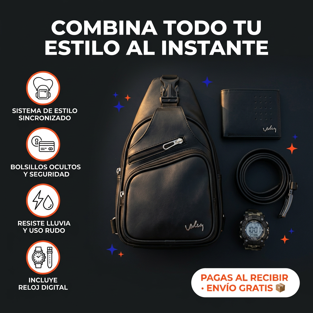 Combo urbano 4 piezas en cuero sintético (bolso cruzado/sling + correa + billetera + reloj digital).