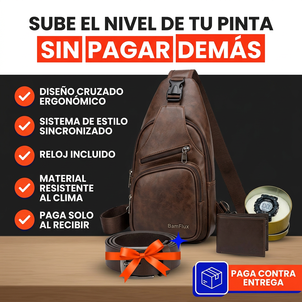 Combo urbano 4 piezas en cuero sintético (bolso cruzado/sling + correa + billetera + reloj digital).