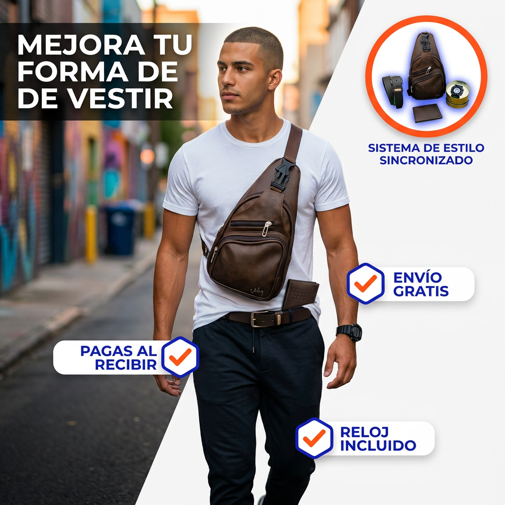 Combo urbano 4 piezas en cuero sintético (bolso cruzado/sling + correa + billetera + reloj digital).