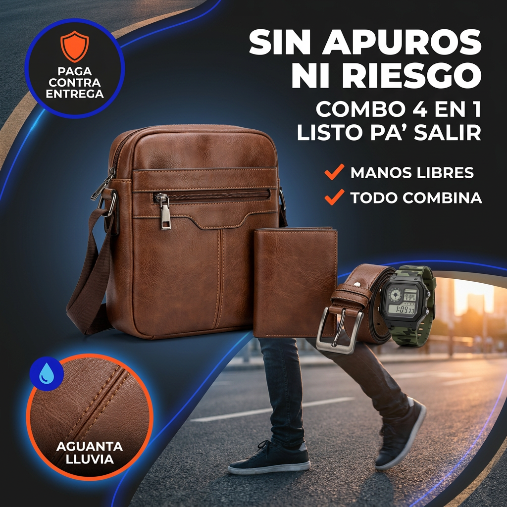 Combo urbano 4 piezas en cuero sintético (bolso cruzado/sling + correa + billetera + reloj digital).