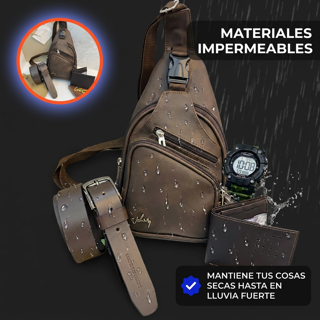 Combo urbano 4 piezas en cuero sintético (bolso cruzado/sling + correa + billetera + reloj digital).
