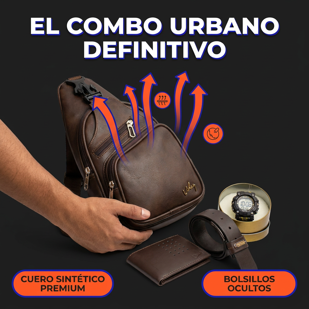Combo urbano 4 piezas en cuero sintético (bolso cruzado/sling + correa + billetera + reloj digital).